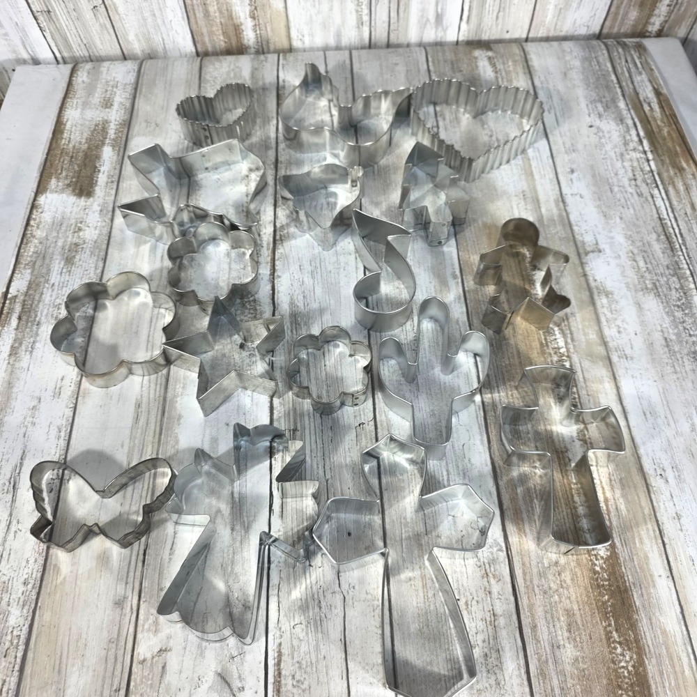 17 Metal Cookie Cutter Lot Mixed Shapes Cross Heart Texas Cactus Butterfly Star